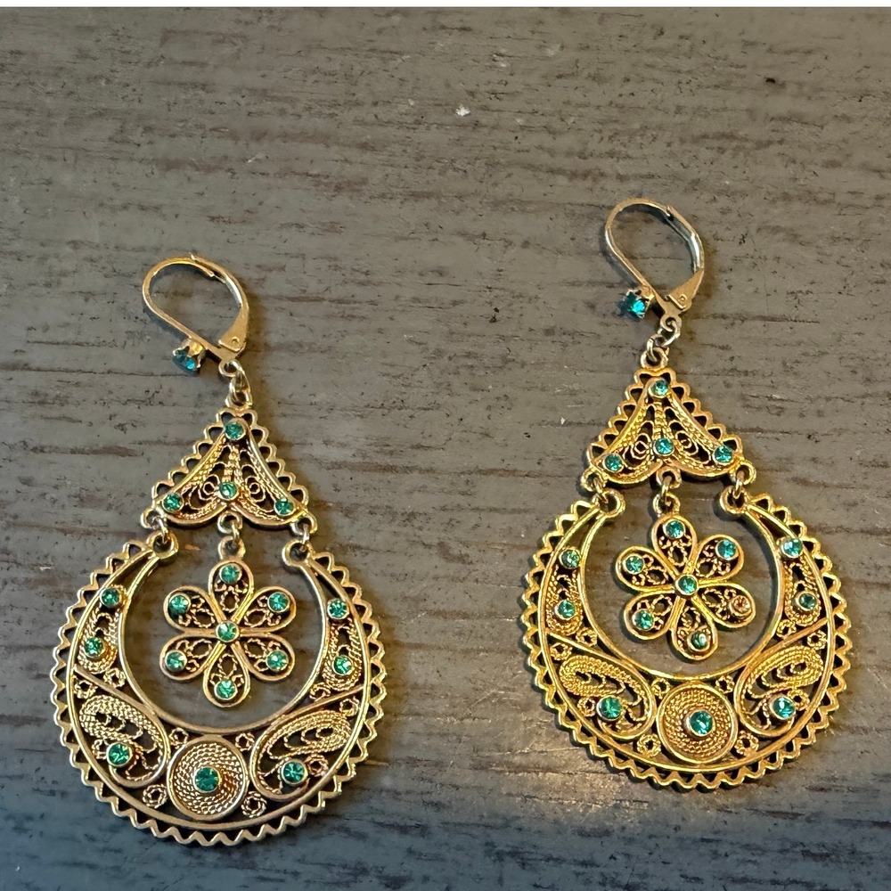 Gold Tone Filigree Chandelier Earrings Teal Rhinestone Flower Boho Leverback